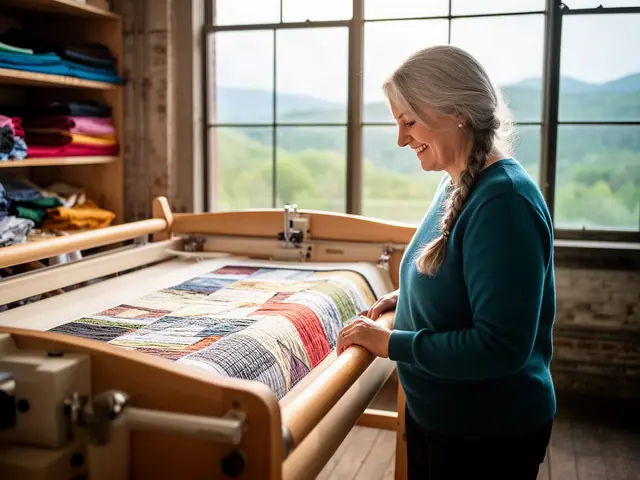A woman with a long gray-blonde braid beside new equipment in a small hand-quilting business.
