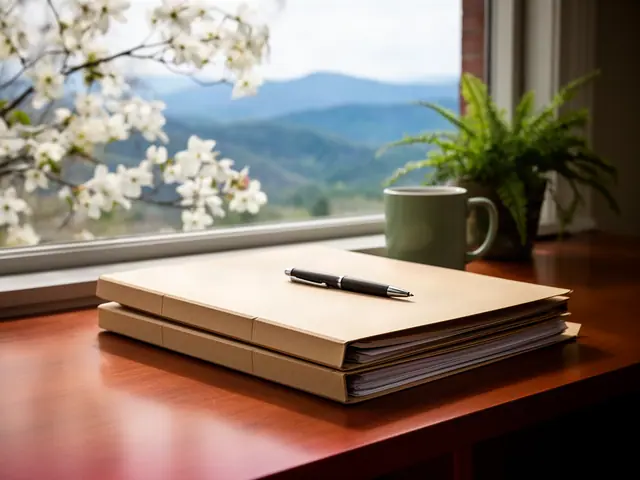 A neat stack of closed manila folders and a pen on a desk by a window.