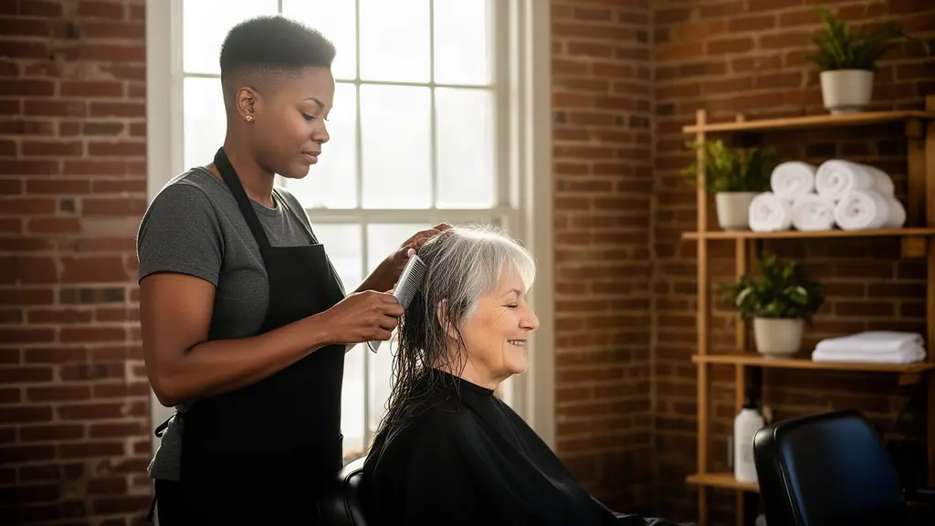 A salon owner combing out a client's wet hair at her styling station by a sunny brick-storefront window.