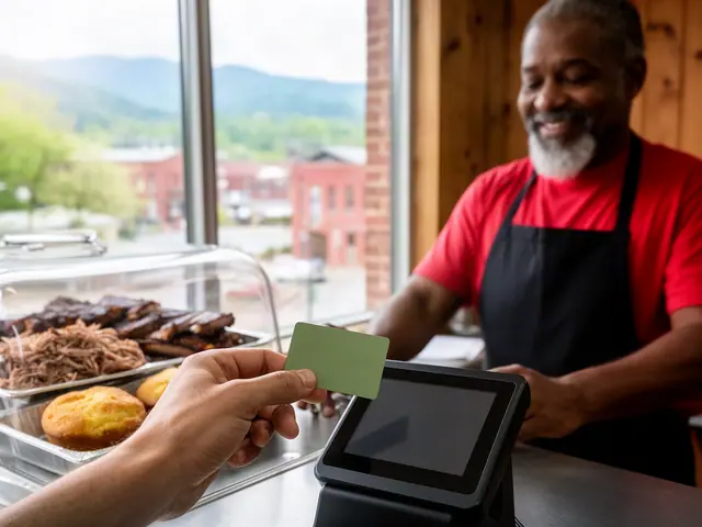 A customer taps a card on a counter terminal at a small barbecue takeout counter.