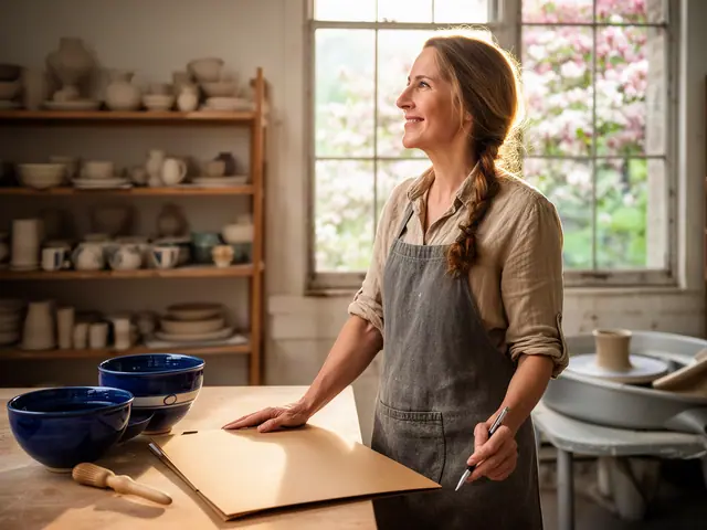 A potter at her worktable with deep-blue glazed bowls and a closed folder in a mill-building studio.